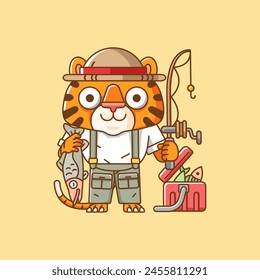 Cute tiger fisher fishing animal chibi character mascot icon flat line art style illustration concept cartoon set