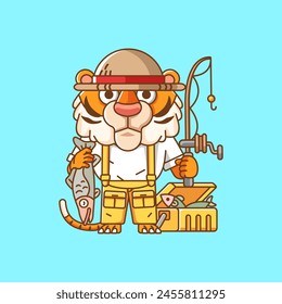 Cute tiger fisher fishing animal chibi character mascot icon flat line art style illustration concept cartoon set