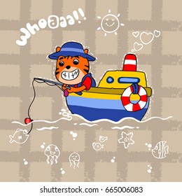cute tiger fishing in the sea with little boat. vector cartoon illustration