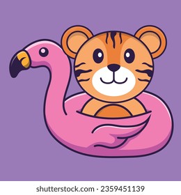 Cute tiger With flamingo buoy. Animal cartoon concept isolated. Can used for t-shirt, greeting card, invitation card or mascot