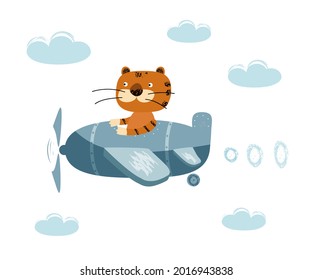 A cute tiger flies on a plane among the clouds. Funny kids pilot. Children illustration. Vector hand drawn illustration.