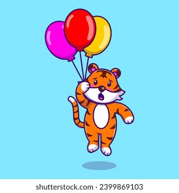 Cute Tiger Floating With Baloons Cartoon Vector Icons Illustration. Flat Cartoon Concept. Suitable for any creative project.