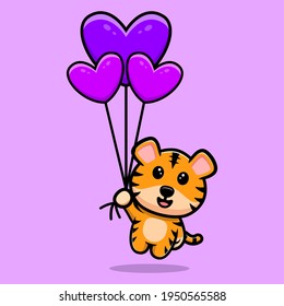 Cute tiger floating with heart balloon cartoon mascot