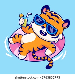 Cute Tiger Floating On Swimming Tires With Juice Cartoon Vector Icon Illustration. Animal Holiday Icon Concept Isolated Premium Vector. Flat Cartoon Style