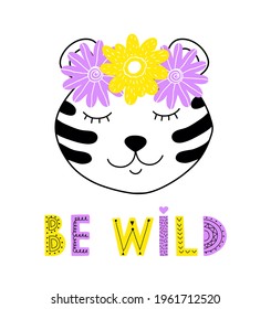 Cute tiger with floral wreath on white background.
