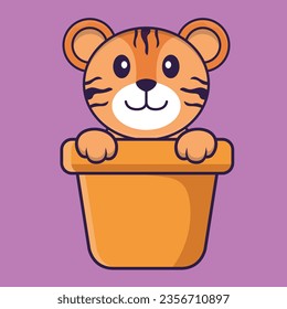 Cute tiger in a flower vase. Animal cartoon concept isolated. Can used for t-shirt, greeting card, invitation card or mascot