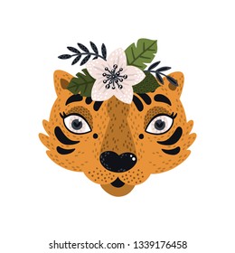 Cute tiger with flower Vector animal clipart with floral elements isolated on white background Animal face Jungle character