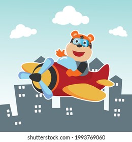 Cute tiger flying in airplane cartoon hand drawn vector illustration. Can be used for t-shirt printing, children wear fashion designs, baby shower invitation cards and other decoration. 