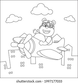 Cute tiger flying in airplane cartoon hand drawn vector illustration. Childish design for kids activity colouring book or page.