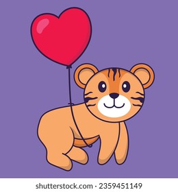 Cute tiger flying with love shaped balloons. Animal cartoon concept isolated. Can used for t-shirt, greeting card, invitation card or mascot