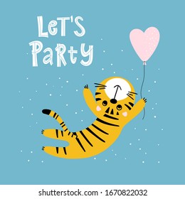 Cute tiger flying on a balloon hand drawn kids illustration. Cute clipart isolated on a blue background.Vector Illustration for birthday children postcard or poster.
