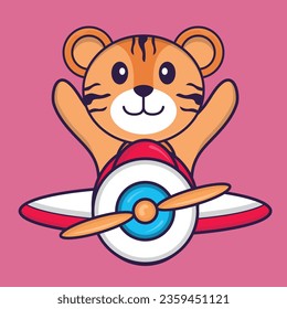 Cute tiger flying on a plane. Animal cartoon concept isolated. Can used for t-shirt, greeting card, invitation card or mascot