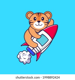Cute tiger flying on rocket. Animal cartoon concept isolated. Can used for t-shirt, greeting card, invitation card or mascot.