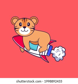Der Tiger fliegt auf einer Rakete. Konzept der Tierkarikatur einzeln. Kann für T-Shirt, Grußkarte, Einladungskarte oder Maskottchen verwendet werden.