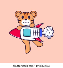 Cute tiger flying on rocket. Animal cartoon concept isolated. Can used for t-shirt, greeting card, invitation card or mascot.