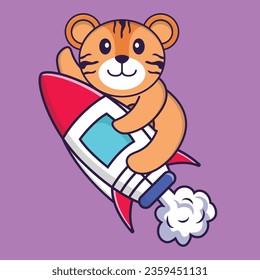 Cute tiger flying on rocket. Animal cartoon concept isolated. Can used for t-shirt, greeting card, invitation card or mascot