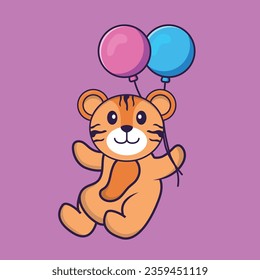 Cute tiger flying with two balloons. Animal cartoon concept isolated. Can used for t-shirt, greeting card, invitation card or mascot