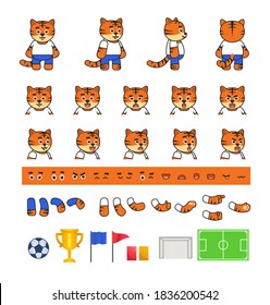 Cute tiger football player creation set, various soccer design elements. Vector illustration bundle