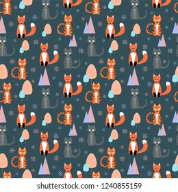 cute tiger, fox and cat seamless vector pattern with snowflakes and trees