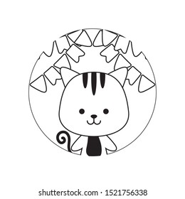 cute tiger in frame circular with garlands vector illustration design