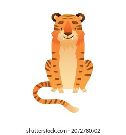 Cute tiger. Front view of sitting wild predator animal cartoon vector illustration