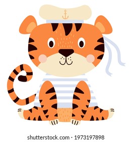 Cute tiger. funny tiger character in sea clothes - striped vest and hat with an anchor with ribbons. Vector illustration. 2022 year of tiger. Isolated For design, print, postcards and decor