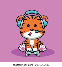 Cute Tiger Gaming Cartoon Vector Icon Illustration. Animal Game Icon Concept Isolated Premium Vector. Flat Cartoon Style