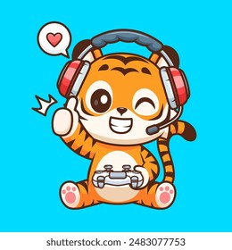 Cute Tiger Gaming Cartoon Vector Icon Illustration. Animal Technology Icon Concept Isolated Premium Vector. Flat Cartoon Style