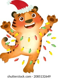Cute tiger with a garland.For postcards, design.Vector illustration drawn by hand.