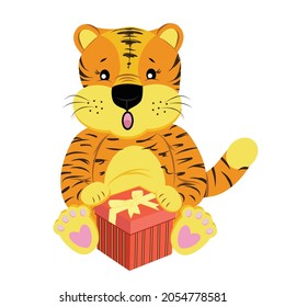 Cute tiger with a gift box. Chinese symbol of 2022. Year of the tiger. Cartoon mascot. Smiling charming character. Vector flat hand drawn illustration isolated on white.