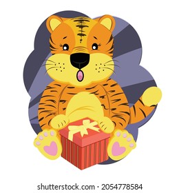 Cute tiger with a gift box. Chinese symbol of 2022. Year of the tiger. Cartoon mascot. Smiling charming character. Vector flat hand drawn illustration.
