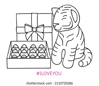 Cute Tiger and Gift Box with hash sign I Love You. Linear drawing. Design Template for Valentines day coloring page, Christmas card, banner, Happy New Year poster, holiday decoration. Vector