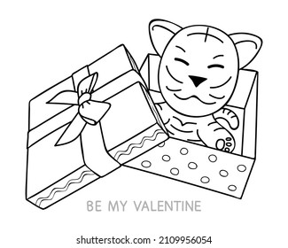 Cute Tiger and Gift Box with inscription Be My Valentine. Linear drawing. Design Template for Valentines day, Romance card, banner, poster, coloring page, holiday decoration. Vector