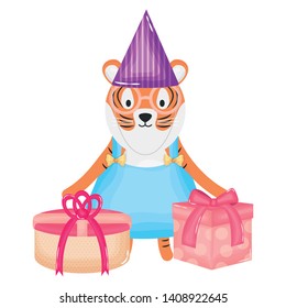 cute tiger with gift box in party celebration