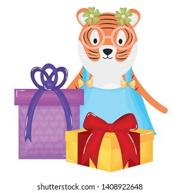cute tiger with gift box in party celebration