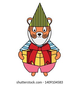 cute tiger with gift box in party celebration