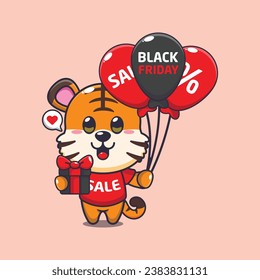 cute tiger with gifts and balloons in black friday sale cartoon vector illustration