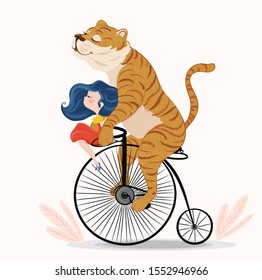 Cute tiger and girl with bicycle. Circus show illustration. T-shirt graphics. 
 Animals on vintage bikes. Cartoon character for children. Prints, greeting cards, textile artworks.