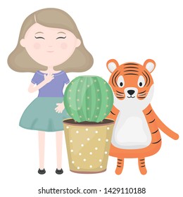 cute tiger and girl with exotic cactus in ceramic pot