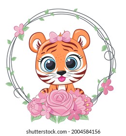 Cute tiger girl with flowers and a wreath. Vector illustration of a cartoon.