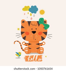 Cute tiger girl.cartoon hand drawn vector illustration. Can be used for baby t-shirt print, fashion print design, kids wear, baby shower celebration greeting and invitation card.