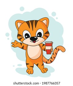 cute tiger with glass of coffee vector illustration