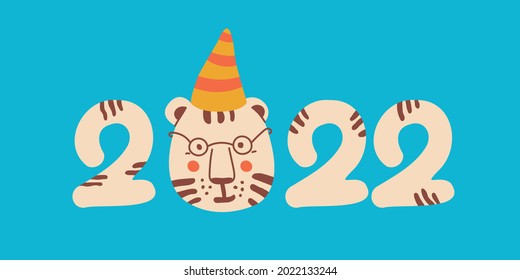 Cute tiger with glasses and festive cap and numbers for New Year 2022. Symbol of Chinese New Year. Hand drawn illustrations for design. Isolated on white background. EPS 10