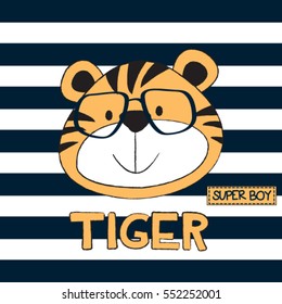 cute tiger with glasses on striped background, wild tiger cartoon, T-shirt graphics for kids vector illustration