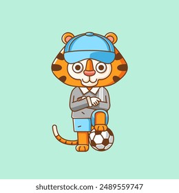 Cute tiger goalkeeper soccer player animal kawaii chibi character mascot illustration outline style design set