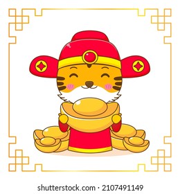 Cute tiger in god of wealth costume cartoon character. Chinese new year celebration. 