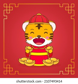 Cute tiger in god of wealth costume cartoon character. Chinese new year celebration. 