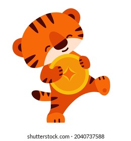 Cute tiger with a gold coin. 2022 chinese new year. Vector illustration in cartoon style. Isolated on a white background.