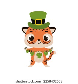 Cute tiger in green leprechaun hat with clover. Irish holiday folklore theme. Cartoon design for cards, decor, shirt, invitation. Vector stock illustration.