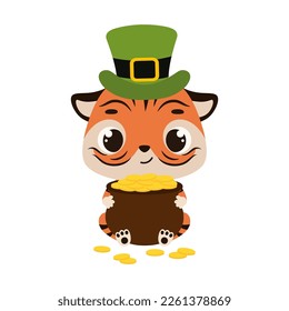 Cute tiger in green leprechaun hat holds bowler with gold coins. Irish holiday folklore theme. Cartoon design for cards, decor, shirt, invitation. Vector stock illustration.